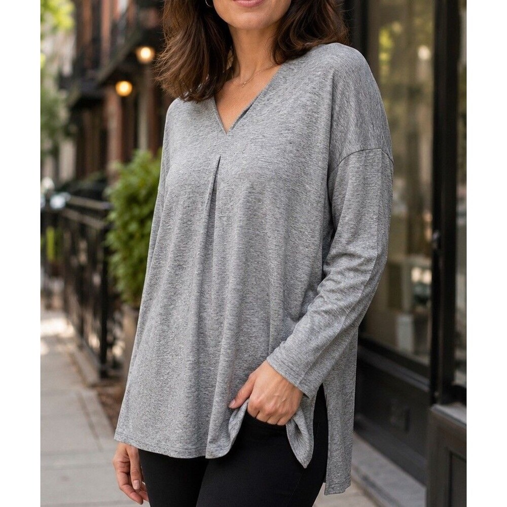 Lafayette 148 New York Womens Large Gray V Neck Tunic Top Cotton Stretch Knit